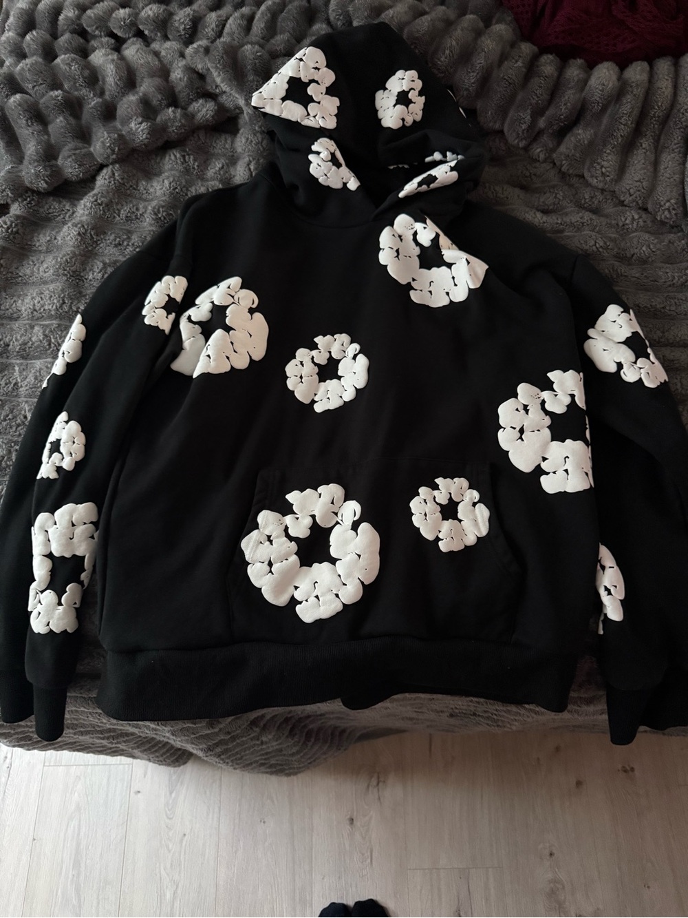 Black Hoodie with White Floral Clusters - Women's Pullover